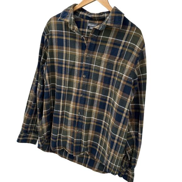 Eddie Bauer Shirt Mens Large Flannel Brown Blue Plaid Cotton Button Up Outdoor - Picture 3 of 9